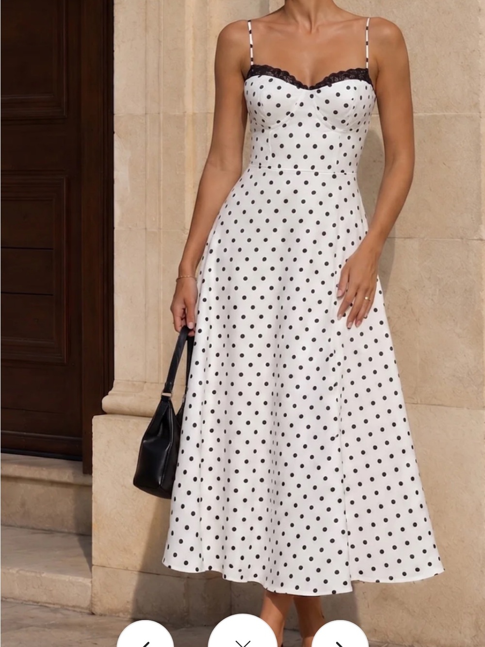 Commense White Polka Dot Midi Dress with Black Trim